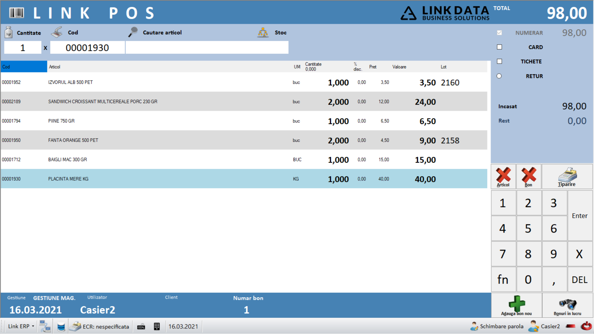 LINKpos Retail — interfața de vânzare