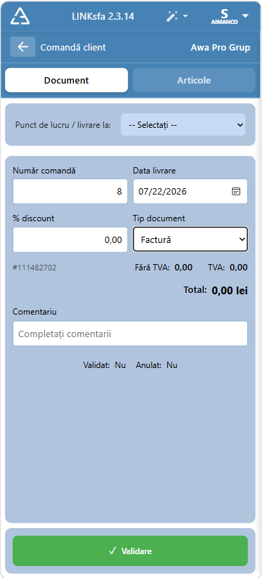 LINKsfa — antetul unei comenzi client, cu punctul de lucru, data livrării, discountul și totalurile înainte de validare