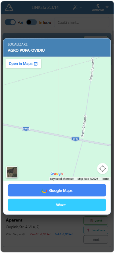 LINKsfa — localizarea clientului pe hartă, cu deschidere în Google Maps sau Waze pentru navigare
