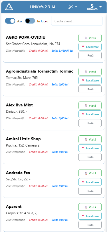 LINKsfa — lista clienților din ruta zilei, cu adresă, credit, sold și butoanele de vizită, localizare și rută