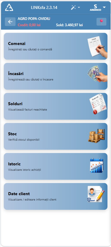 LINKsfa — meniul vizitei la client, cu creditul și soldul în antet și accesul la comenzi, încasări, solduri, stoc, istoric și date client