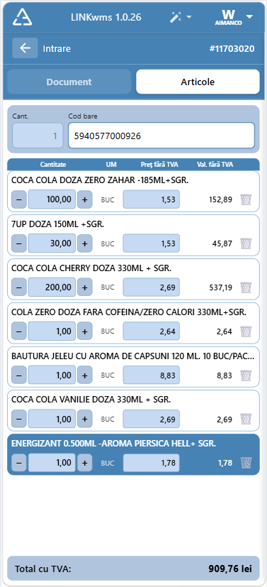 LINKwms — articolele unei intrări, adăugate prin scanarea codului de bare, cu cantitate și preț editabile pe linie