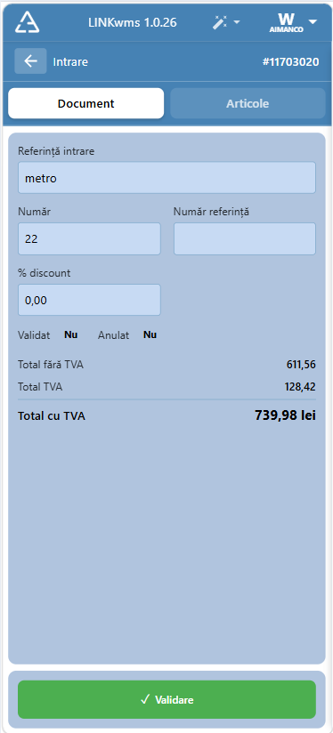 LINKwms — antetul unui document de intrare, cu referința furnizorului, discountul și totalurile înainte de validare
