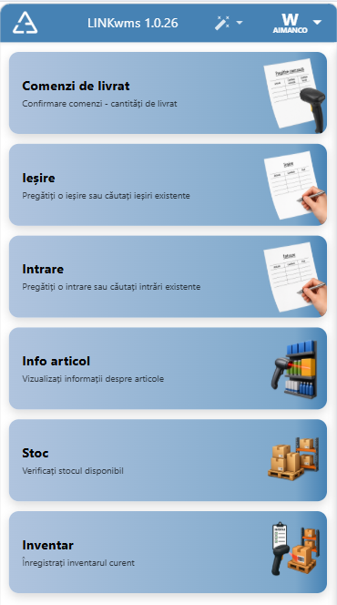 LINKwms — meniul principal cu cele șase module: comenzi de livrat, ieșire, intrare, info articol, stoc și inventar
